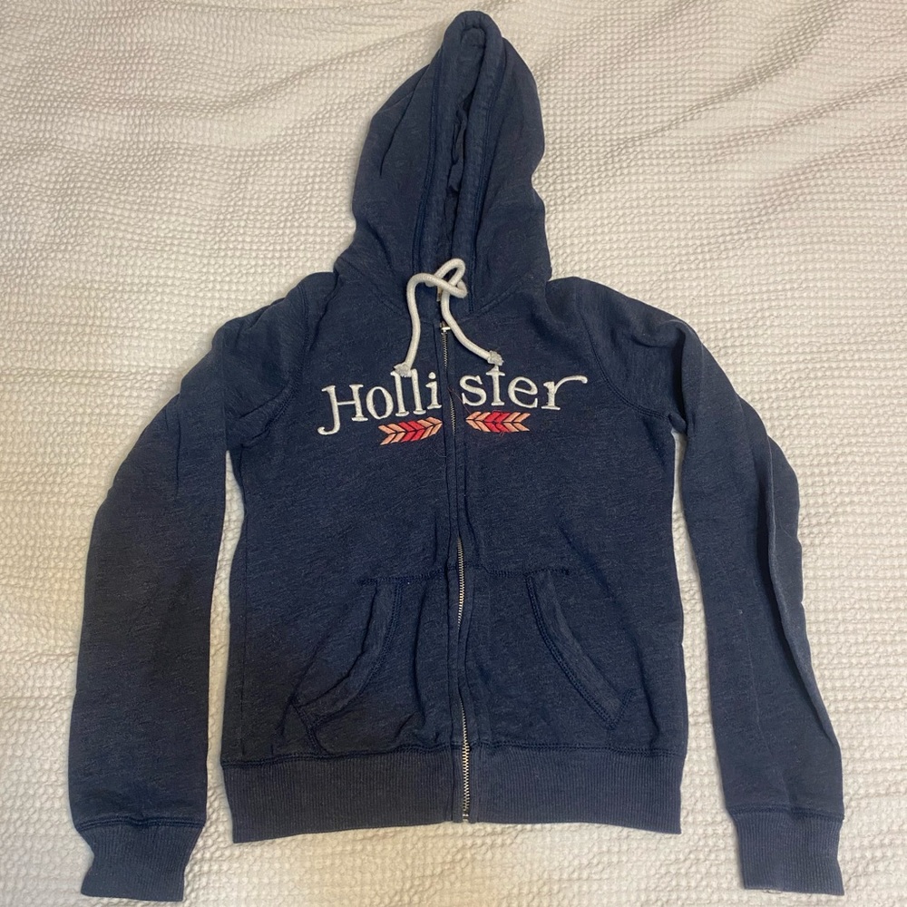 Hollister Zip up Hoodie with Lettering XS Navy Blue